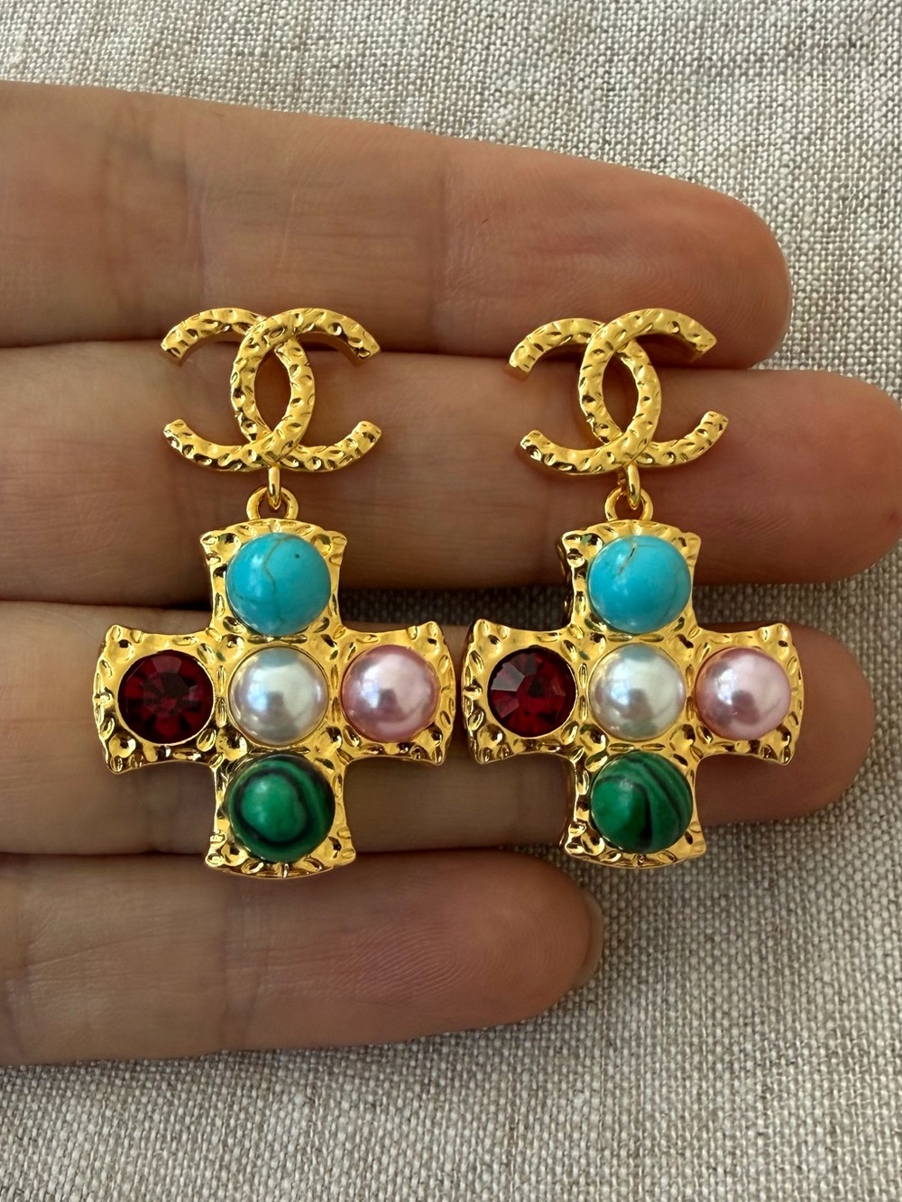 💖CHANEL Gold Cross Drop Earrings with Turquoise, Green, Red and Pink Accents💚❤️🩵 - Picture 4 of 9